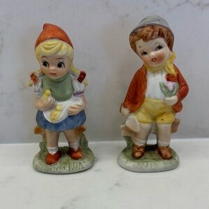 Vintage Girl with Chicks and Boy with Tulips Andre Ceramics Figurines Spring